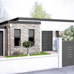 Portail en aluminium Alinéa assorti aux portes d’entrée Bel’M et aux portes de garage Novoferm, avec une baguette décoration « Gris Déco Bel’M ». ©Cadiou Industrie
